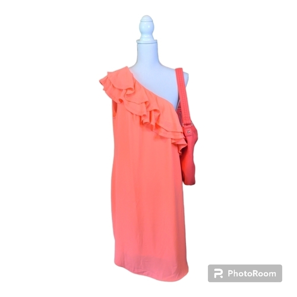 APT. 9 HOT CORAL Barbie RUFFLE ONE SHOULDER MIDI DRESS Sz Large - Picture 3 of 16